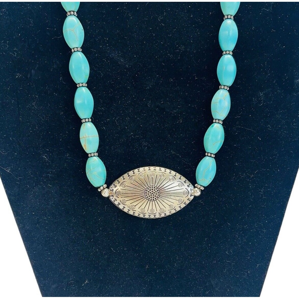 Western Necklace Turquoise Look Blue Elongated Beads Silver Tone Pendant Western